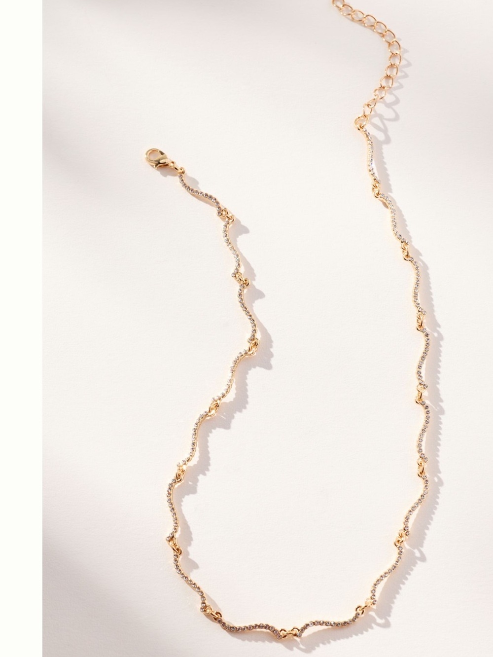 Anthropologie Gold Plated Swish Necklace Delicate Clear Stone New 16”